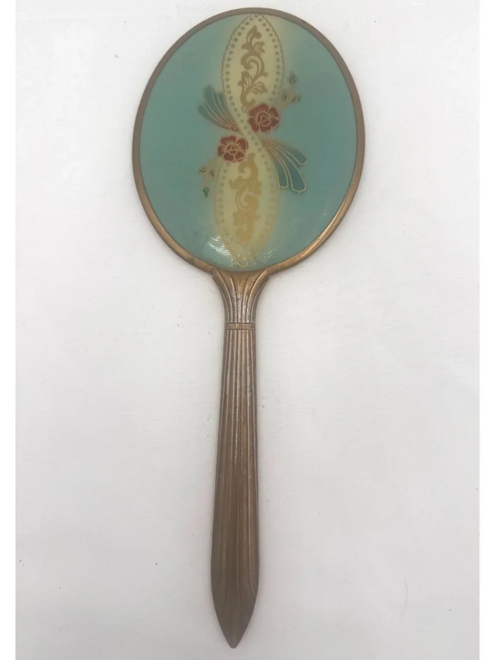Vintage Handheld Vanity Mirror With Gold Floral Design & Green Enamel Back